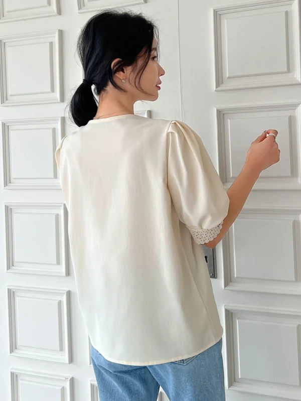 Dazy Women’s Cream Lace-Trim Puff Sleeve Blouse – Pearl Button Front, Size S
