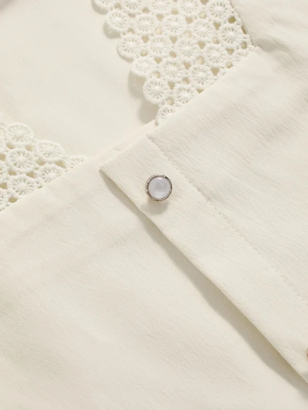 Dazy Women’s Cream Lace-Trim Puff Sleeve Blouse – Pearl Button Front, Size S