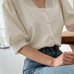 Dazy Women’s Cream Lace-Trim Puff Sleeve Blouse – Pearl Button Front, Size S