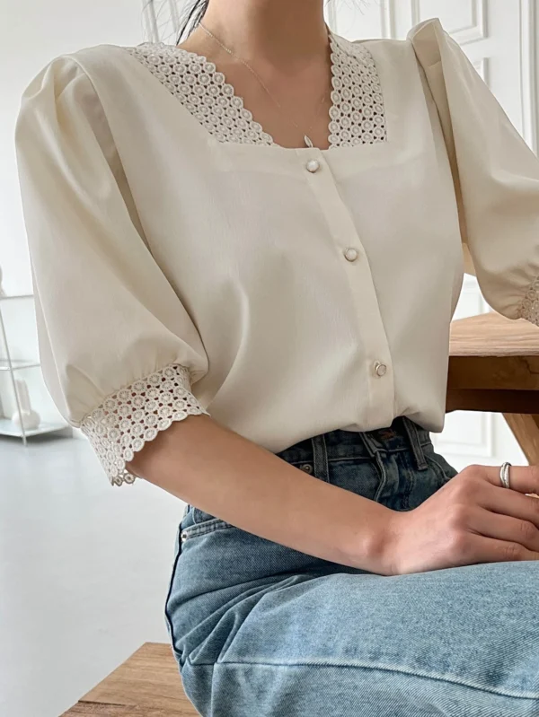 Dazy Women’s Cream Lace-Trim Puff Sleeve Blouse – Pearl Button Front, Size S