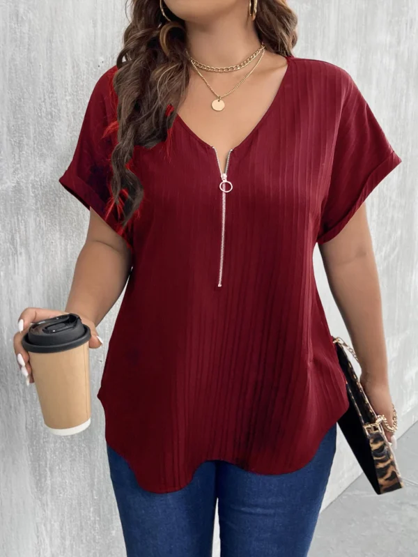 STUGAZ CURVE Red Pleated V-Neck Blouse with Front Zip – Size 0XL