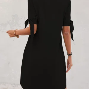 Shein Black Shirt Dress – Short Sleeve Buttoned Tunic with Waist Tie, Size M