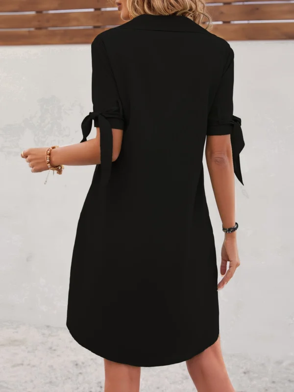 Shein Black Shirt Dress – Short Sleeve Buttoned Tunic with Waist Tie, Size M