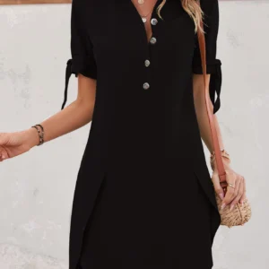 Shein Black Shirt Dress – Short Sleeve Buttoned Tunic with Waist Tie, Size M