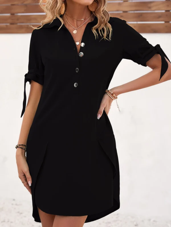 Shein Black Shirt Dress – Short Sleeve Buttoned Tunic with Waist Tie, Size M