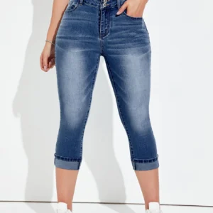 Shein Cropped Mid-Wash Denim Jeans – Rolled Hem Slim Fit Jeans, Size L