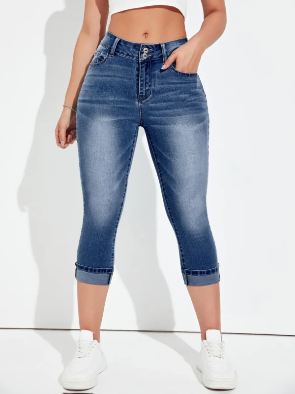 Shein Cropped Mid-Wash Denim Jeans – Rolled Hem Slim Fit Jeans, Size L