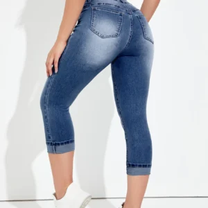 Shein Cropped Mid-Wash Denim Jeans – Rolled Hem Slim Fit Jeans, Size L