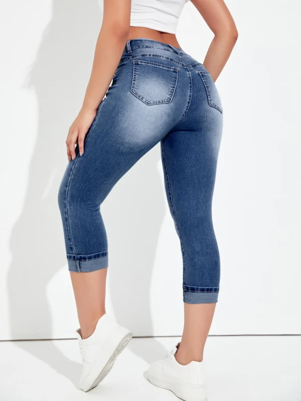 Shein Cropped Mid-Wash Denim Jeans – Rolled Hem Slim Fit Jeans, Size L