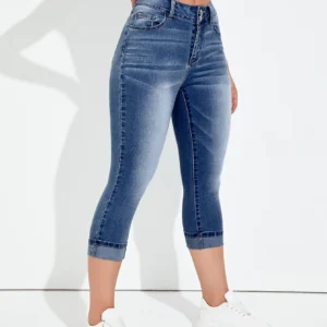 Shein Cropped Mid-Wash Denim Jeans – Rolled Hem Slim Fit Jeans, Size L