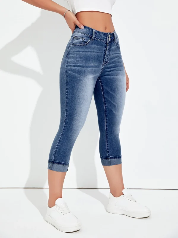 Shein Cropped Mid-Wash Denim Jeans – Rolled Hem Slim Fit Jeans, Size L