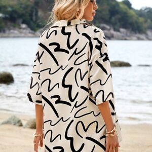 EMERY ROSE Two-Piece Abstract Print Shirt & Shorts Set – Women’s Casual Matching Outfit, Size L