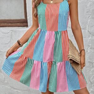 SHEIN Women’s Rainbow Striped Tiered Sundress with Tie Shoulder Straps – XL