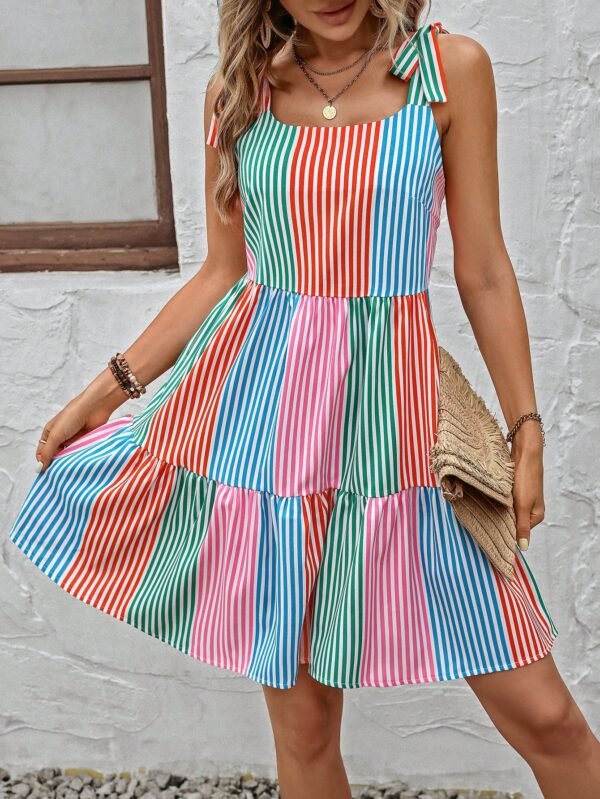 SHEIN Women’s Rainbow Striped Tiered Sundress with Tie Shoulder Straps – XL