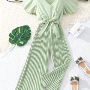 SHEIN Women’s Pleated Wide-Leg Belted Jumpsuit – Light Green , 11-12 year