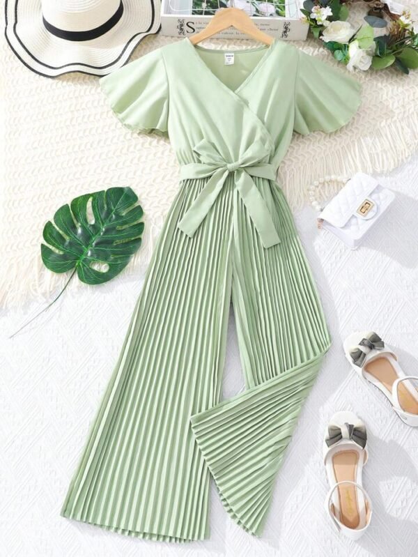 SHEIN Women’s Pleated Wide-Leg Belted Jumpsuit – Light Green , 11-12 year