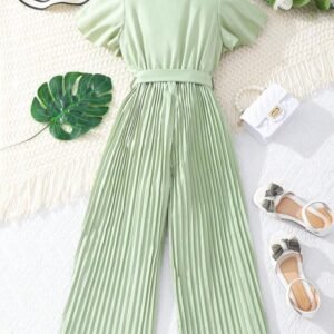 SHEIN Women’s Pleated Wide-Leg Belted Jumpsuit – Light Green , 11-12 year