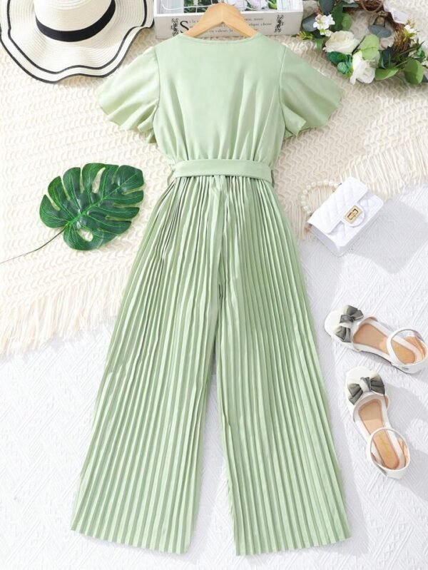 SHEIN Women’s Pleated Wide-Leg Belted Jumpsuit – Light Green , 11-12 year