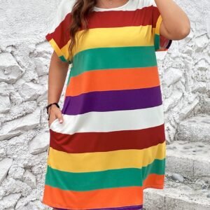 SHEIN Women’s Rainbow Stripe T-Shirt Dress – Short Sleeve Casual Loose Fit, Size XL