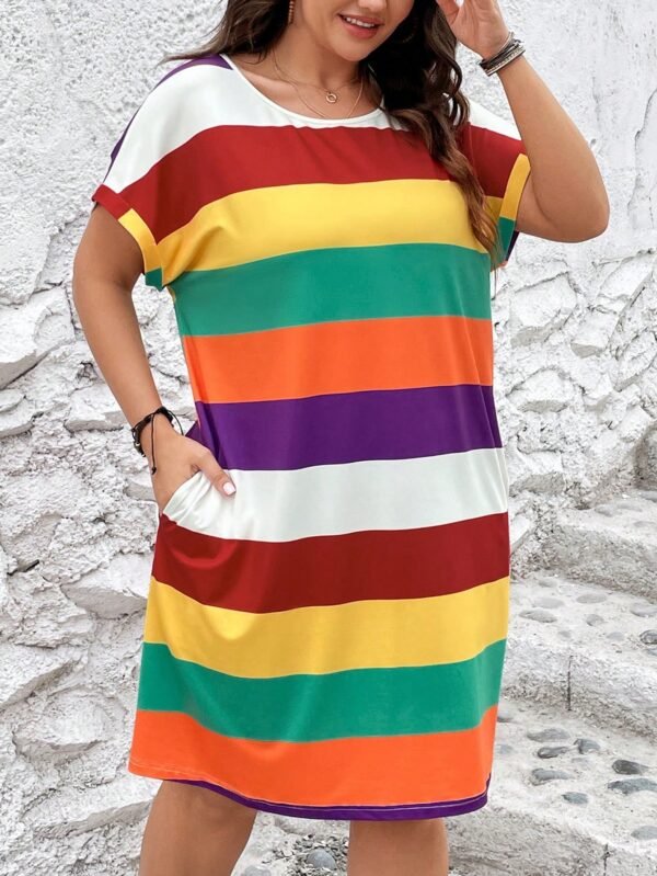 SHEIN Women’s Rainbow Stripe T-Shirt Dress – Short Sleeve Casual Loose Fit, Size XL