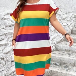 SHEIN Women’s Rainbow Stripe T-Shirt Dress – Short Sleeve Casual Loose Fit, Size XL