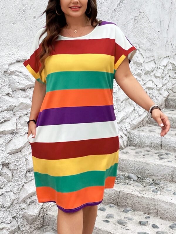 SHEIN Women’s Rainbow Stripe T-Shirt Dress – Short Sleeve Casual Loose Fit, Size XL