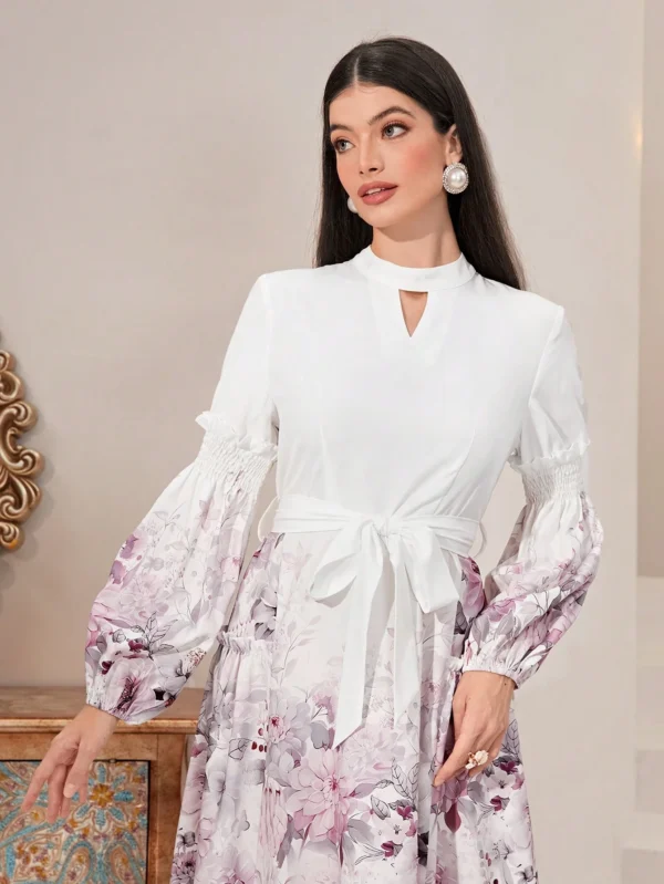 Shein L White & Mauve Floral Long-Sleeve Maxi Dress – Tie-Waist, Keyhole Detail