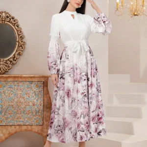 Shein L White & Mauve Floral Long-Sleeve Maxi Dress – Tie-Waist, Keyhole Detail