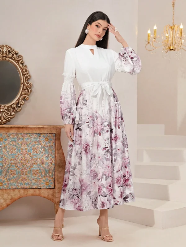 Shein L White & Mauve Floral Long-Sleeve Maxi Dress – Tie-Waist, Keyhole Detail