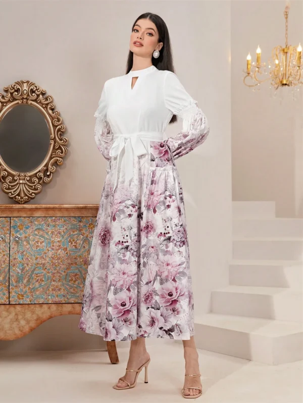 Shein L White & Mauve Floral Long-Sleeve Maxi Dress – Tie-Waist, Keyhole Detail
