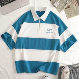 SHEIN NY Brooklyn Half-Zip Striped Polo Shirt – Size L