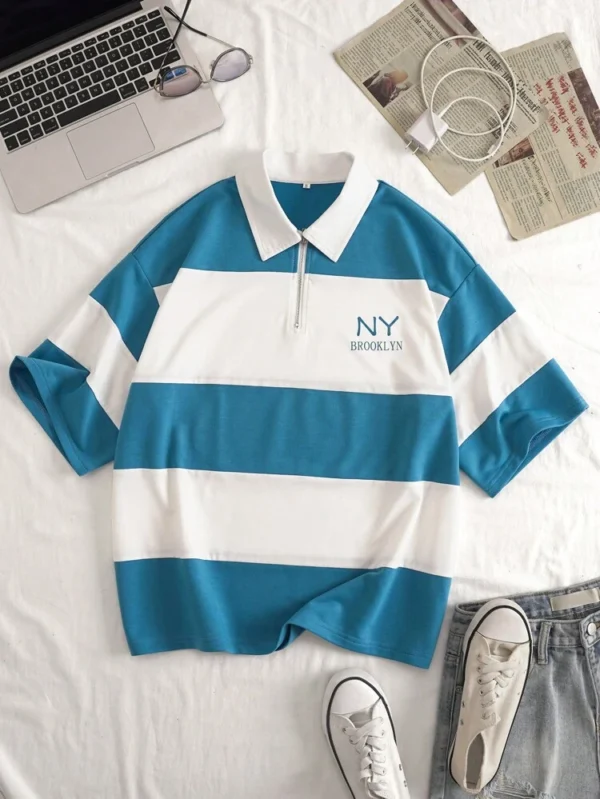 SHEIN NY Brooklyn Half-Zip Striped Polo Shirt – Size L