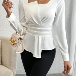 Shein White Long‑Sleeve Square‑Neck Peplum Blouse – Size S, Elegant Work & Casual Top