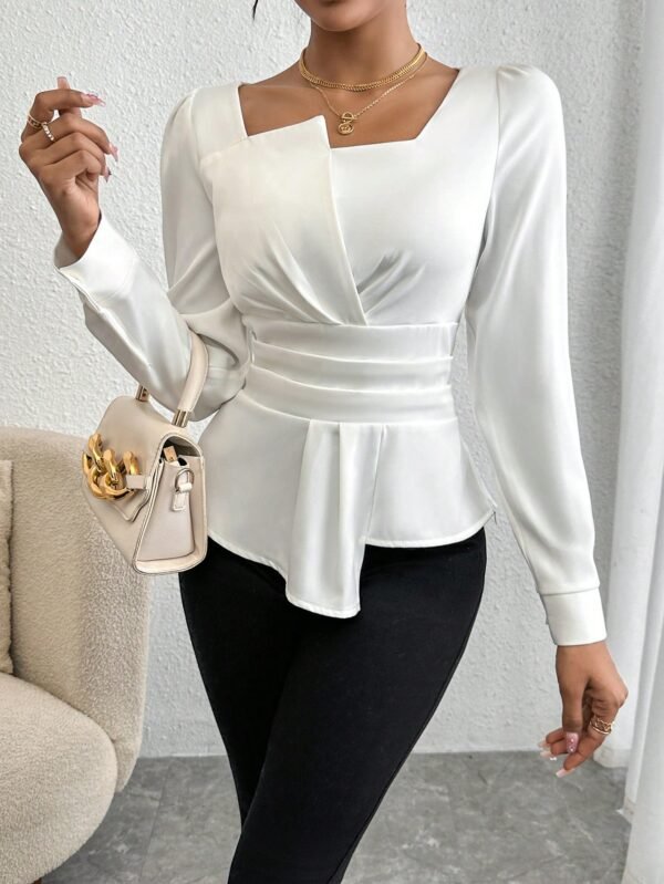 Shein White Long‑Sleeve Square‑Neck Peplum Blouse – Size S, Elegant Work & Casual Top
