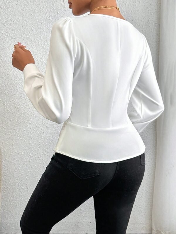 Shein White Long‑Sleeve Square‑Neck Peplum Blouse – Size S, Elegant Work & Casual Top