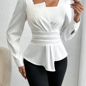 Shein White Long‑Sleeve Square‑Neck Peplum Blouse – Size S, Elegant Work & Casual Top