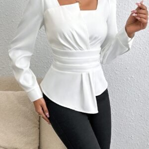 Shein White Long‑Sleeve Square‑Neck Peplum Blouse – Size S, Elegant Work & Casual Top