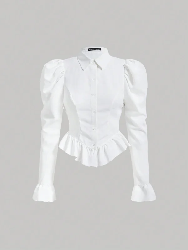 SHEIN White Ruffle Hem Button-Up Blouse – Women’s Size L