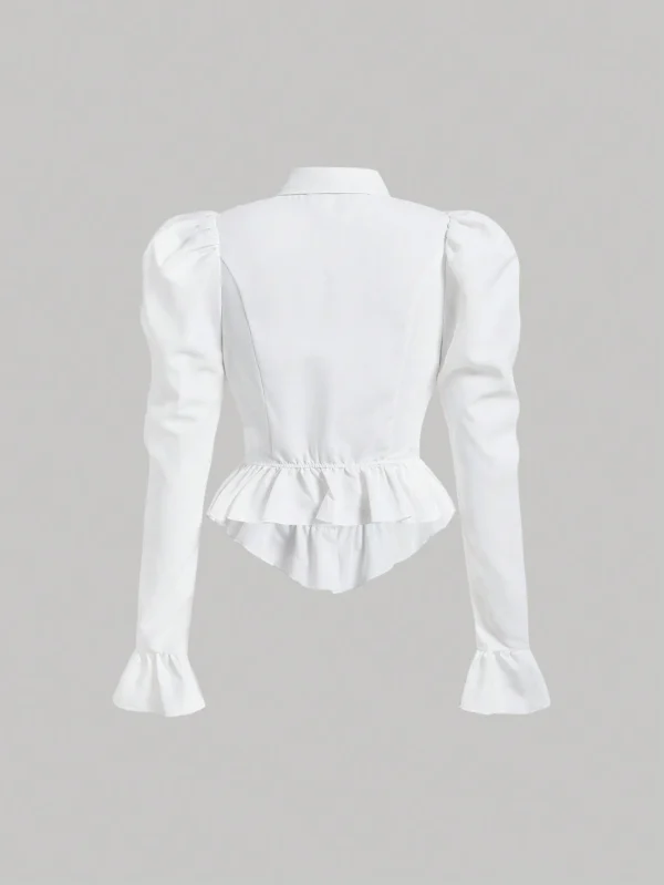 SHEIN White Ruffle Hem Button-Up Blouse – Women’s Size L