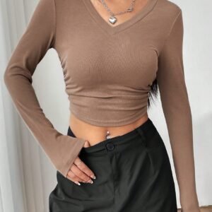 GROGGY Brown Long Sleeve V-Neck Fitted Crop Top – Women’s Casual Top, Size L