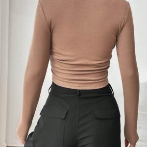 GROGGY Brown Long Sleeve V-Neck Fitted Crop Top – Women’s Casual Top, Size L