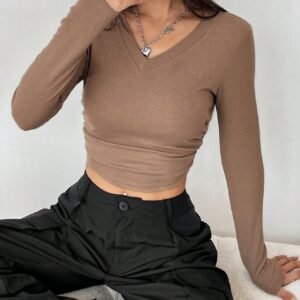 GROGGY Brown Long Sleeve V-Neck Fitted Crop Top – Women’s Casual Top, Size L