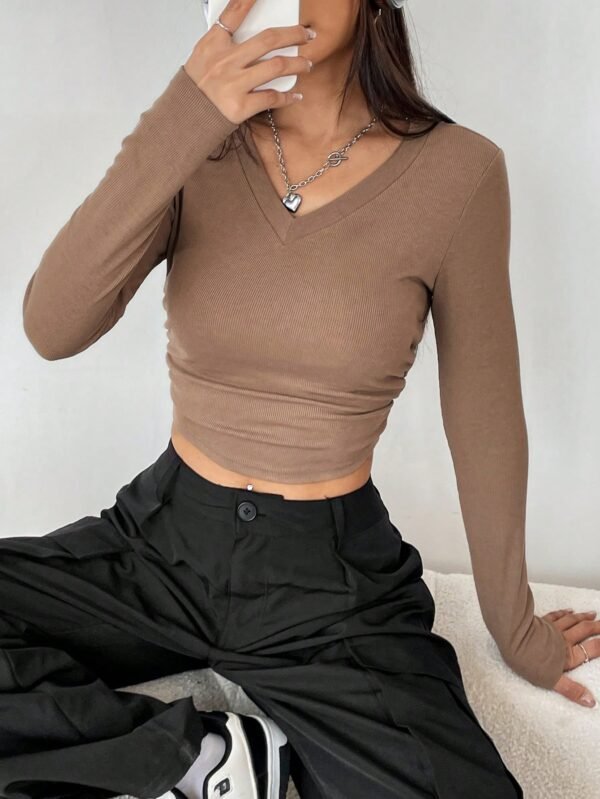 GROGGY Brown Long Sleeve V-Neck Fitted Crop Top – Women’s Casual Top, Size L