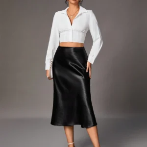 SHEIN Black Satin Midi Skirt – Size M