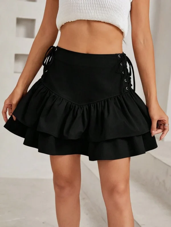 SHEIN Black Tiered Mini Skirt with Side Lace-Up Detail – Size S