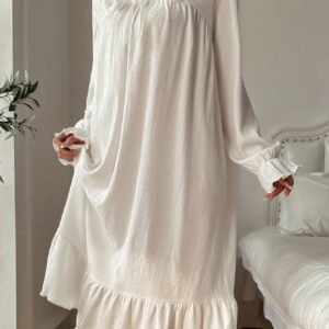 LOGIFIRST Soft White Ruffle Trim Long Sleeve Nightdress – Size M
