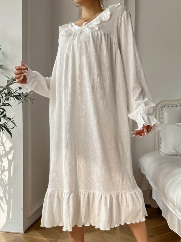 LOGIFIRST Soft White Ruffle Trim Long Sleeve Nightdress – Size M