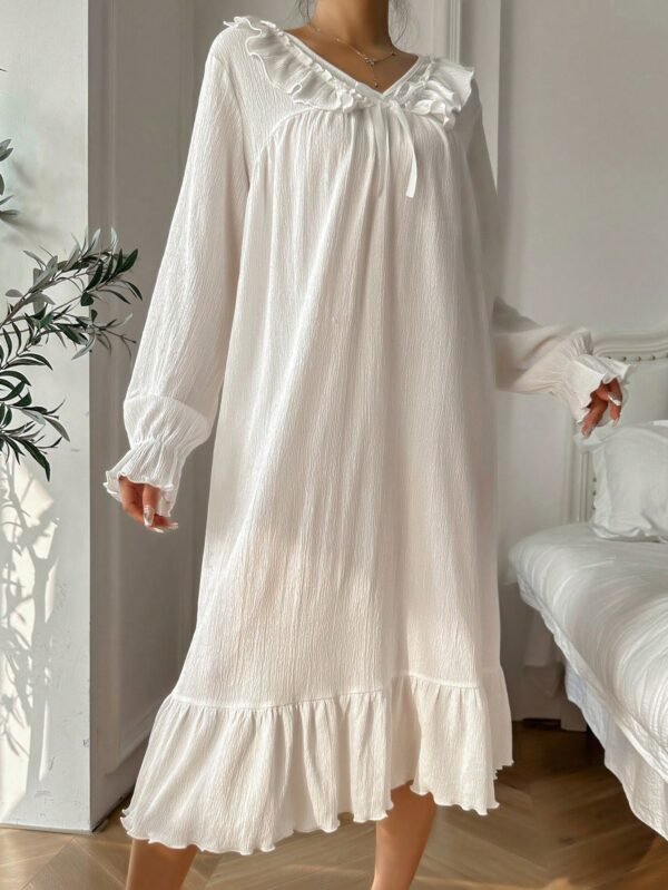 LOGIFIRST Soft White Ruffle Trim Long Sleeve Nightdress – Size M