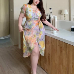 Plus Size Floral Wrap Dress – Elegant V-Neck Short Sleeve Midi Dress | Dazy Brand 2XL