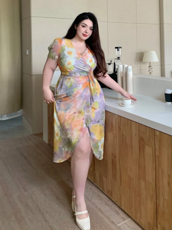 Plus Size Floral Wrap Dress – Elegant V-Neck Short Sleeve Midi Dress | Dazy Brand 2XL